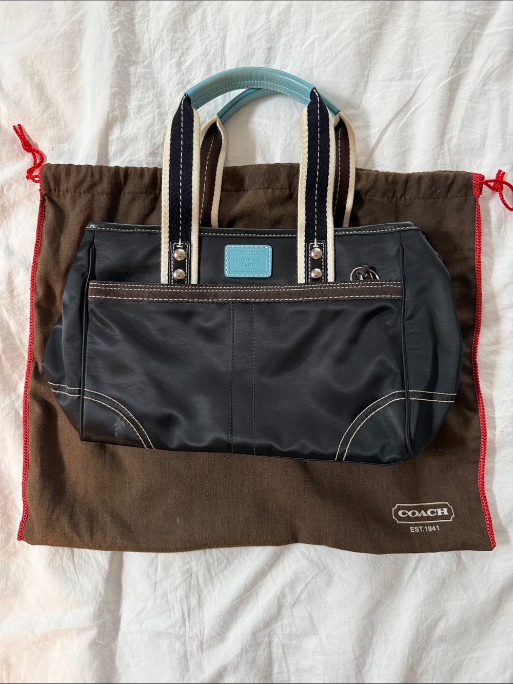 Coach Black Nylon Tote with Light Blue Handles and Cream-Trimmed Straps